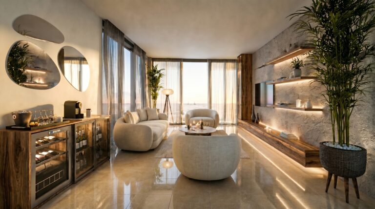 Modern interior design project in Al Mouj Muscat featuring locally sourced furniture